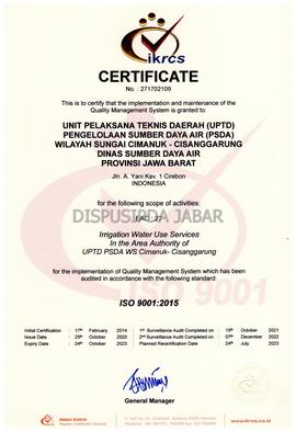 Certificate IKRCS ISO 9001:2015 No.271702109 Unit   pelaksana   Teknis  daerah  (UPTD) pengelolaa...