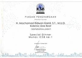 Piagam Penghargaan Spesial Dinner Munas ICSB Ke -1 - ICSB kepada H. Mochamad Ridwan Kamil,S.T.,M.U.D