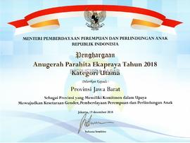 Penghargaan Anugerah    Parahita    Ekapraya Tahun 2018 Kategori Utama  sebagai Provinsi yang mem...