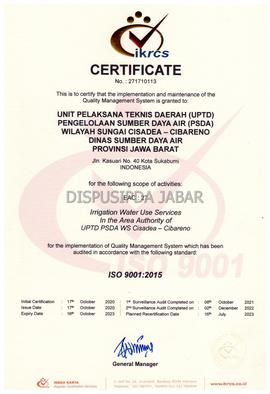 Certificate IKRCS ISO 9001:2015 No. 271710113 Unit pelaksana Teknis daerah (UPTD) pengelolaan Sum...