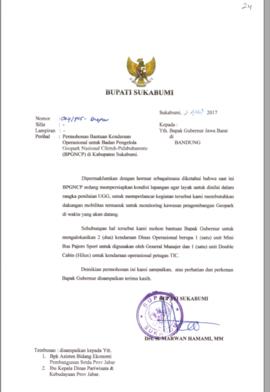 Surat dari Bupati Sukabumi Nomor 024/905-Dispar tanggal 3 April 2017 perihal Permohonan Bantuan K...