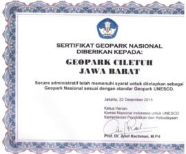 Sertifikat Geopark Nasional diberikan kepada GEOPARK CILETUH JAWA BARAT secara Administratif tela...
