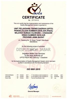Certificate IKRCS ISO 9001:2015 No. 271710110 Unit pelaksana Teknis daerah (UPTD) pengelolaan Sum...