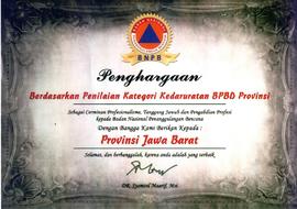 Penghargaan Berdasarkan Penilaian Kategori Kedaruratan BPBD Provinsi dari BNPB