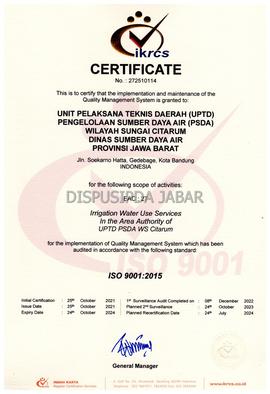 Certificate IKRCS ISO 9001:2015 No. 272510114 Unit pelaksana Teknis daerah (UPTD) pengelolaan Sum...