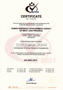 Certificate IKRCS ISO 9001:2015 No.371301012 Human Resource Development Agency Of West Java Province
