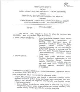 Kesepakatan Bersama Antara Badan Pengelola Geopark Nasional Ciletuh-Palabuhanratu Dengan Desa Ciw...