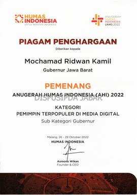 Piagam Penghargaan Pemenang Anugerah Humas Indonesia (AHI) 2022 Kategori Pemimpin Terpopuler di M...