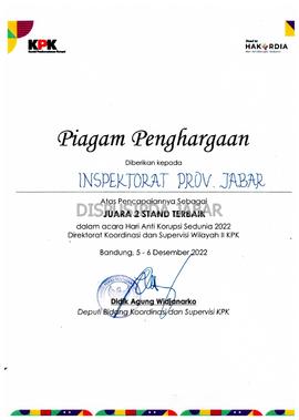 Piagam Penghargaan Juara 2 Stand Terbaik dalam acara Hari Anti Korupsi Sedunia 2022 Direktorat Ko...