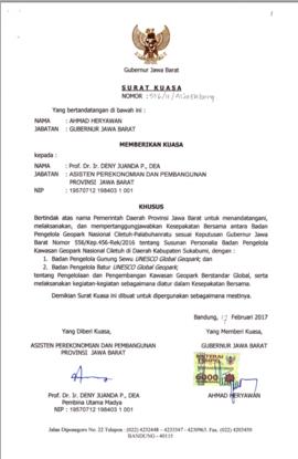 Surat Kuasa Gubernur Jawa Barat Ahmad Heryawan kepada Prof. Dr. Ir. Deny Juanda P., DEA Asisten P...