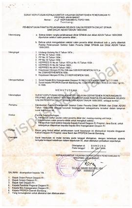 SK Kakanwil Deppen RI Provinsi Jawa Barat No.018/Kep/Kakanwil/TSPD/99 tentang : Pembentukan panit...