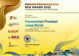 Piagam Penghargaan BKN Award 2022 Pemerintah Provinsi Tipe Besar Peringkat 1 Pencapaian Implement...