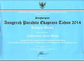 Penghargaan Anugerah Parahita Ekaprana Tahun 2014 Kategori Utama Sebagai Provinsi yang Memiliki K...