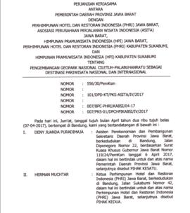 Perjanjian Kerjasama antara Pemerintah Daerah Provinsi Jawa Barat dengan Perhimpunan Hotel dan Re...