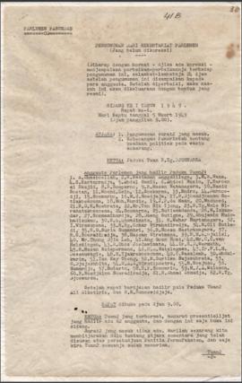 Pengumuman dari sekretariat Parlemen hasil sidang ke 1 Tahun 1949 Rapat ke- 6 Saptu Tanggal 5 Mar...