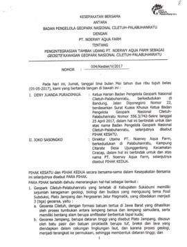 Kesepakatan Bersama antara Badan Pengelola Geopark Ciletuh – Palabuhanratu dengan PT. Noerwy Aqua...