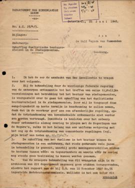 Berkas Surat tentang op.Heff Ing Juanlishtisch Bestuurstelsel in de Stasgementen  tanggal 21 Juni...