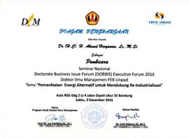 Piagam Penghargaan sebagai Pembicara Seminar Nasional DoctorTE Business  Issue Forum (DORBIS) Exe...