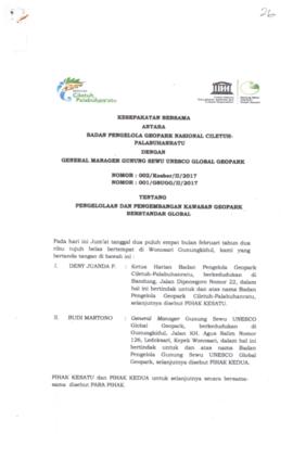 Kesepakatan Bersama Antara Badan Pengelola Geopark Nasional Ciletuh-Palabuhanratu Dengan General ...