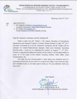 Surat dari Badan Pengelola Geopark Nasional Ciletuh – Palabuhanratu untuk Mr.Alexandru Andrasanu ...
