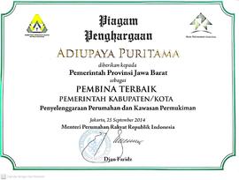 Piagam Penghargaan sebagai Pembina Terbaik Pemerintah Kabupaten/Kota Penyelenggaraan Perumahan da...