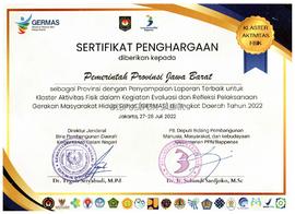 Sertifikat Penghargaan sebagai Provinsi dengan penyampaian Laporan Terbaik untuk Klaster Aktivita...