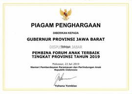 Piagam Penghargaan Pembinaan Forum Anak Terbaik Tingkat Provinsi Tahun 2019 - Diberikan Kepada GU...