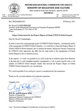 Endorsemenet for The Progress Report of Ciletuh UNESCO Global Geopark