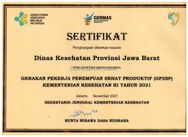 Sertifikat Penghargaan diberikan Kepada Dinas Kesehatan Provinsi JawaBarat Atas Perannya dalam me...