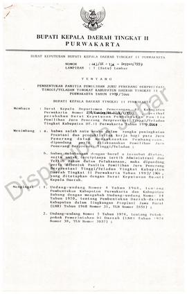 SK Bupati KDH.TK II Purwakarta  No.443/SK-134 Depen/99 Tentang pembentukan Panitia pemilihan Jupe...