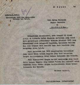 Surat PT. Ketua Parlemen Nagara Pasundan di Bandung tentang Comminique UNCI dan Memorandum tetang...