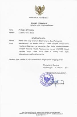Surat Perintah Nomor: 432.1/286/AsdaEkbang dari Ahmad Heryawan untuk Mendampingi Tim Assesor UNES...
