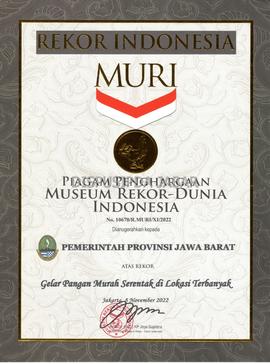 Piagam Penghargaan Museum Rekor Dunia Indonesia atas Rekor Gelar Pangan Murah Serentak di Lokasi ...