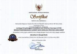 Sertifikat Terakreditasi untuk Program Pelatihan Teknis Bidang Kearsipan Dinamis dan Statis, Deng...