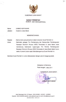 Surat Perintah Gubernur Jawa Barat Nomor 896/1496/AsdaEkbang tanggal 2 Mei 2017 kepada nama-nama ...
