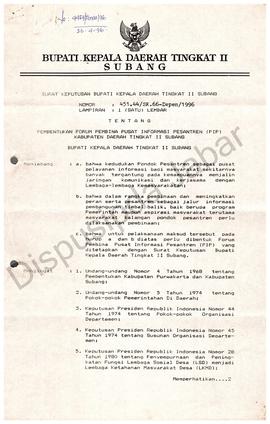 SK Bupati KDH TK. II Subang No.451.44/SK-66-Deppen/1994 tentang pembentukan forum pembina pusat i...