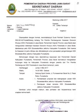 Undangan dari Sekretariat Daerah Provinsi Jawa Barat Nomor 556/610/AsdaEkbang tanggal 5 Mei 2017 ...