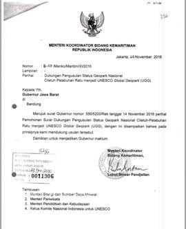 Surat dari Menteri Koordinator Bidang Kemaritiman Republik Indonesia Nomor B-113/Menko/Maritim/XI...
