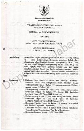 Peraturan menteri penerangan RI No. 01/Pers/Menpen/98 tentang ketentuan  surat izin usaha penerbi...