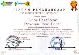 Piagam Penghargaan Pengabdian Kepada Masyarakat dalam kegiatan Sosialisasi Gerakan Masyarakat Hid...