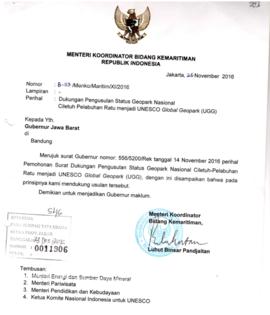 Surat Dukungan Dari Menteri Koordinator Bidang Kemaritiman RI, Nomor : B-113/Menko/Maritim/XI/201...